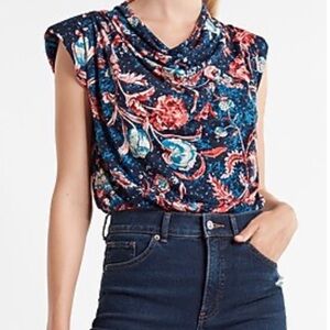 Express Floral Cowl Neck Blouse - Navy and Coral
